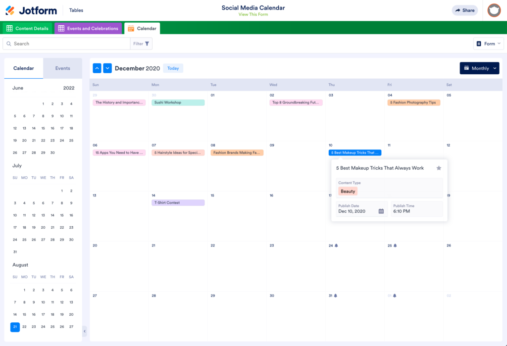 Content Calendar from Jotform